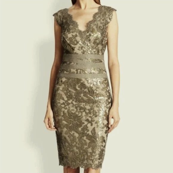 Tadashi Shoji Dresses & Skirts - RARE Tadashi Shoji Olive Gray Antique Gold Sequin Floral Dress - worn 1* cleaned